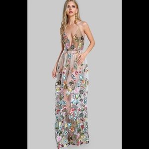 Floral Embroidered Mesh Body Con Maxi Dress